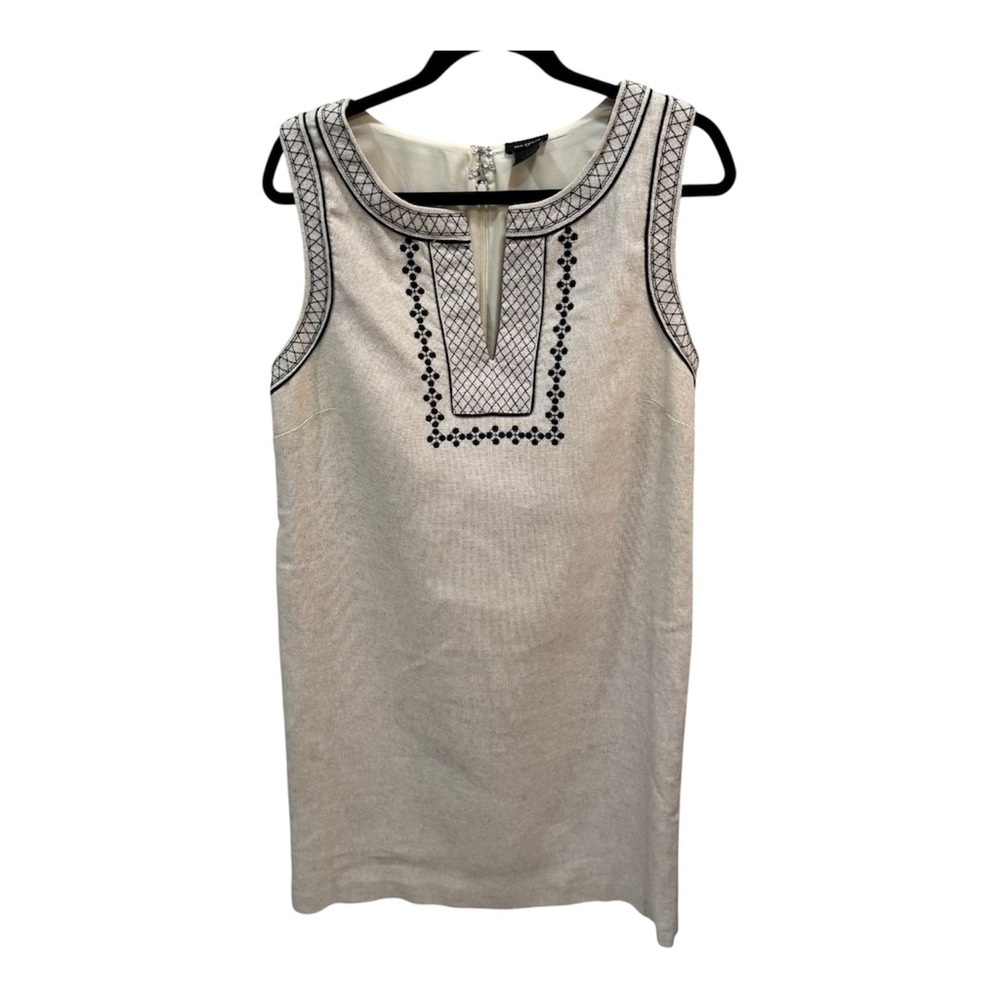 ANN TAYLOR Women Linen Beige Sleeveless Embroidered Midi Dress Sz 4 Zip Back